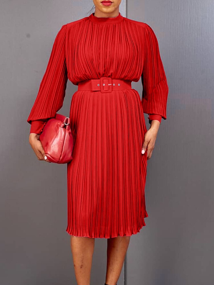 Women Pleated Dress with Waist Belt Loose Elegant Long Sleeves Office Ladies Spring Large Size New Trending 2023 African Female