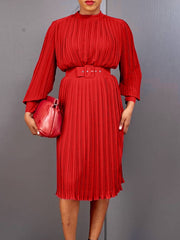 Women Pleated Dress with Waist Belt Loose Elegant Long Sleeves Office Ladies Spring Large Size New Trending 2023 African Female