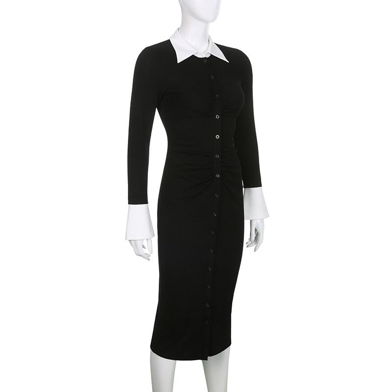 Eleganta Fashion Folds Bodycon Shirt Dress Sexy Slim Turn-Down Collar Long Sleeve Midi Dresses For Women Autumn Spring