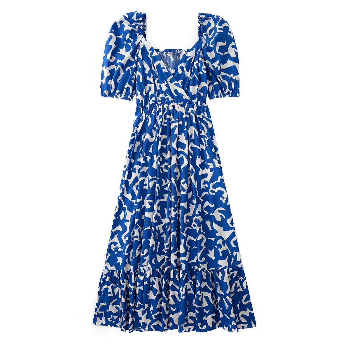 Summer Dresses 2024 Fashion Women Clothing Ruffle Hem Elegant Midi Dress Crossover V Neck Short Puff Sleeve Print Casual Dress