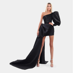 Hoobd High End Black Mini Sheath Evening Dresses With Ribbon One Shoulder Puff Sleeves Sexy Short Prom Gowns Beaded Formal Dress