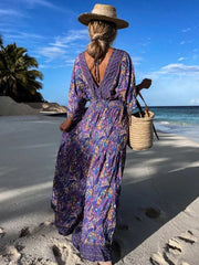 Hoobd Female Summer Floral Print Long Party Dress New Sexy V Neck Waist Folds Beach Dress 2023 Vintage Backless Loose Bohemia Dresses