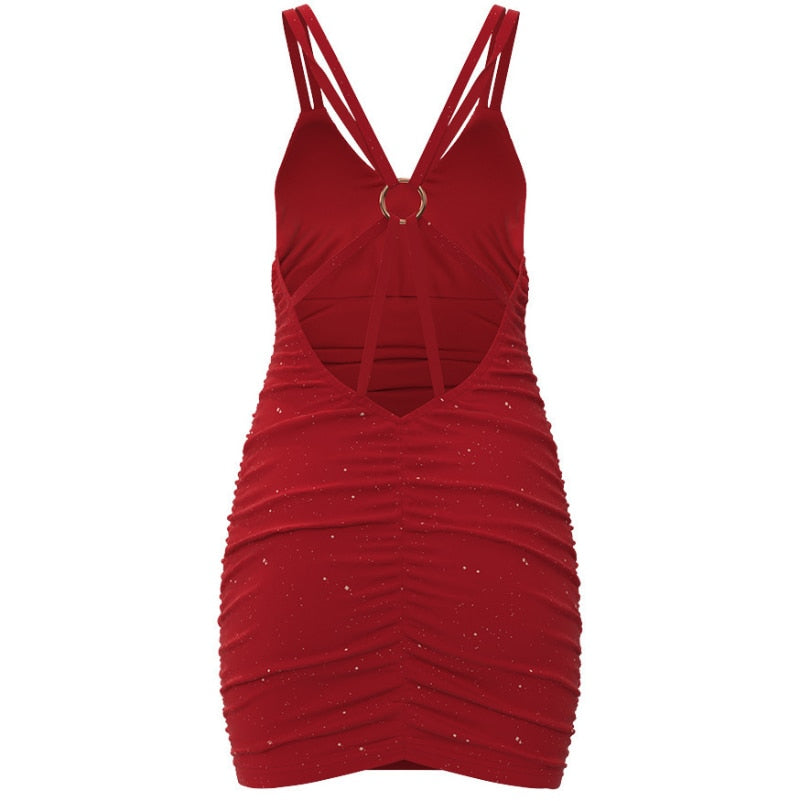 Hoobd2023 Casual Spring Summer Women Backless Dress Solid Color TANK  Sleeveless V-Neck Hollow-out Slim Party Sexy Mini Dresses