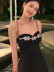 Black Backless Strap Dress Women Sexy Party Elegant Retro Midi Dresses Slim Designer Chic Holiday Casual Hepburn Dress 2023 New