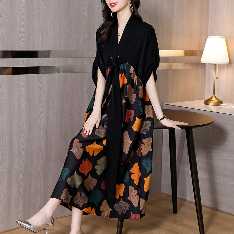 2023 Summer Silk Printed Mulberry Silk Midi Dress Fall Retro Casual 5XL Plus Size Long Sleeve Dress Elegant Women Vestidos