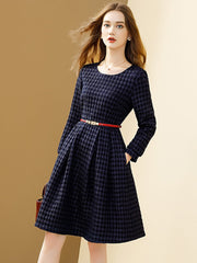 Dress Women 2023 Spring Navy Blue Bird Lattice Elegant Autumn A-line O-neck Slim With Belt Dresses Casual Vestidos
