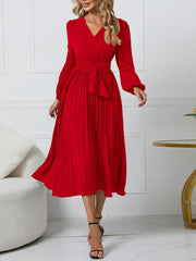 Dress for Women Solid Color V Neck Long Sleeve Slim-fitting Pleated Dress Spring Summer Temperament Elegant Evening Party Skirts