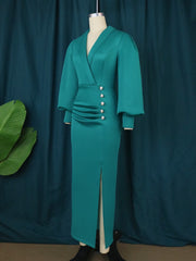 Hoobd Party Dresses For Women Outfits Elegant Long Dresses Fall Winter Women Notched Neck Puff Sleeve Buttons Slit Slim Dress Office Party Club Events Wear 4XL