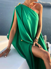 Women Sexy Off Shoulder Boho Long Dress Elegant One Shoulder Loose Party Dress Summer Fashion Button Solid Beach Maxi Dress