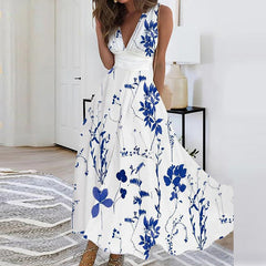 Elegant Pattern Print High Waist Party Dress Summer Deep V Neck Sleeveless Long Dress Female A-Line Big Hem Slim Evening Dresses