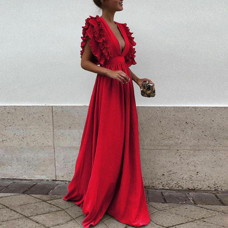 Hoobd Formal Party  Dress Women Deep V-Neck Long Dress Elegant Flying Sleeves Backless Maxi Evening Dresses Robe De Soiree