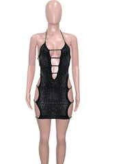 New Chic Black Ladder Cut Out Crystal Mini Dress Summer Womens Spagetti Straps Sequin Night Dresses Birthday Outfits