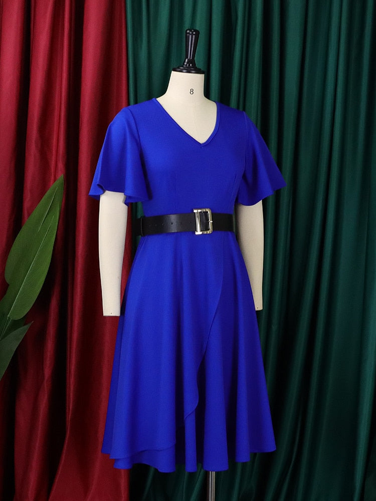 Hoobd Women Dress A Line Ruffle Eleagant Party with Waist Belt Blue Short Sleeve Office Lady Classy Modest Robe Fit Autumn New Fashion