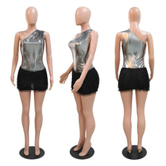 Sexy Women Mini Dress One Shouler Sleeveless Bodycon Slim Patchwork Party Night Dresses For Women Vestidos