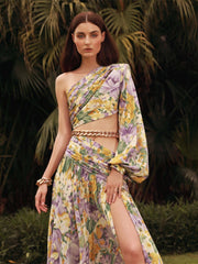 Sexy Slanted One Shoulder Slim Chain Floral Maxi Dress