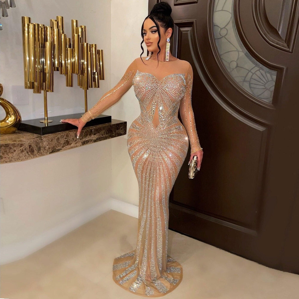 Hoobd Sexy Rhinestones Floor-length Evening Dresses Luxury Elegant Women's O-neck Long Sleeve See-through Mesh Night Club Long Dress