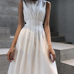 Hoobd Summer Women Solid White Black Fashion Elegant Casual Party Dress O Neck Sleeveless Tank Sundress Female Waist Retraction