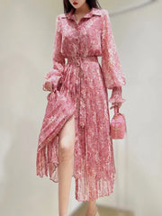 Fashion Designer Spring Print Midi Chiffon Dress Women 2023 New Elegant Long Sleeve Single Breasted Vintage Vacation Robes