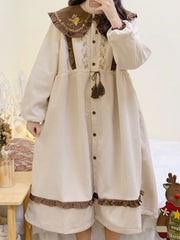 Kawaii Lolita Dress Women Sweet Preppy Style Ruffles Patchwork Corduroy Dress Autumn Winter Puff Sleeve Peter Pan Collar