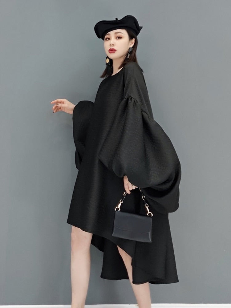 Fashion Solid Color Dress Women's Autumn 2023 New Round Neck Loose Batwing Sleeve Knee-length Dresses Female