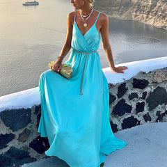 New Elegant Floral Print High Waist Dress Summer Sleeveless Ruffles A-Line Party Dress Fashion V Neck Sling Big Hem Beach Dress