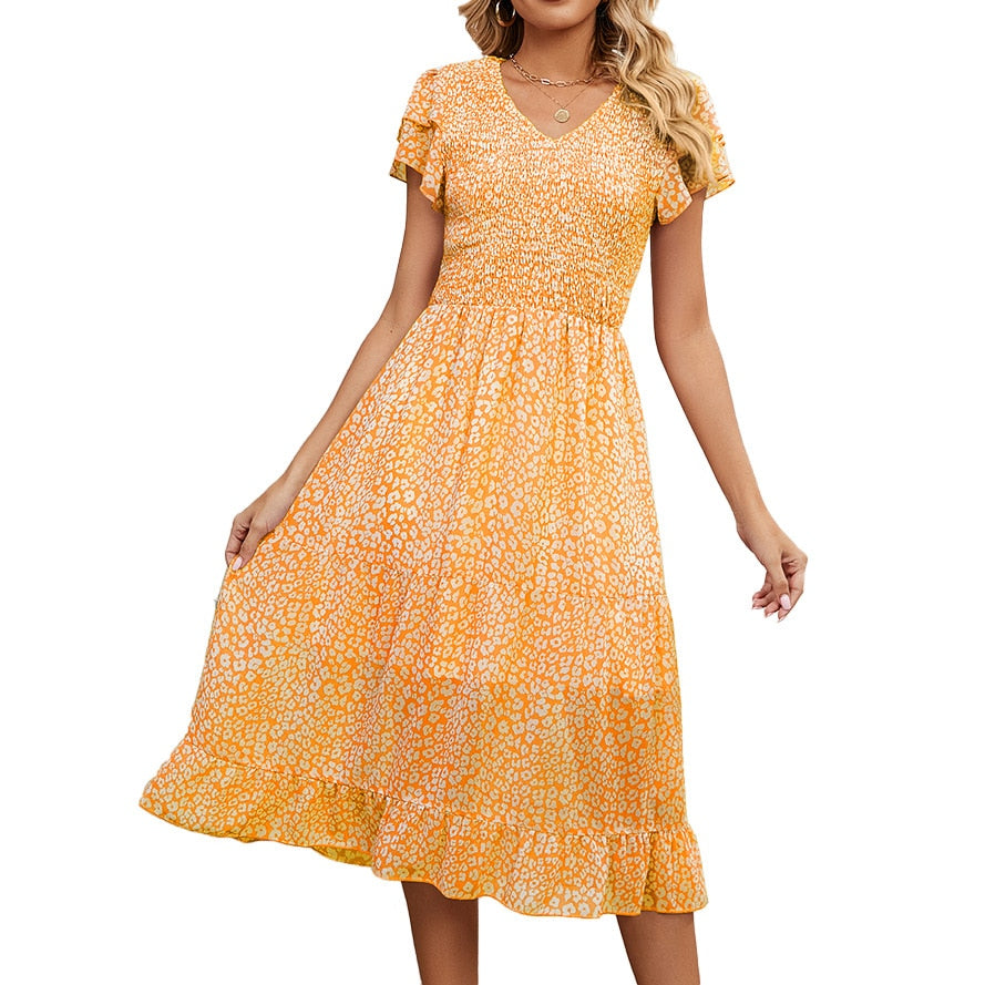 2023 Summer V-Neck Pleated Printed Chiffon Patchwork Waist-Tied Dress for Women