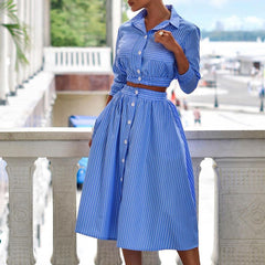 Autumn Fashion Striped Print Two Piece Sets Casual 3/4 Sleeve Women Outfits Elegant Turn-down Collar Button Blouse + Skirts