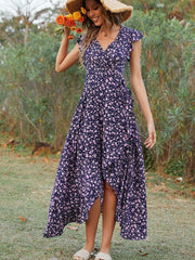 Hoobd Summer Elegant Floral Long Dress Women Casual Bandage Irregular Slit Boho Beach Dress Fashion Green V Neck New In Dresses 2023