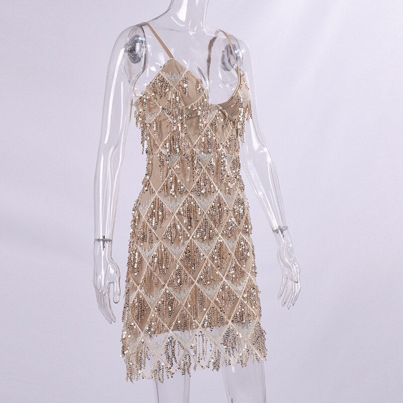 Hoobd2023 Elegant Luxury Women's Sequin Tassel Evening Dresses Sexy V-neck Spaghetti Strap Backless Short Birthday Party Slip Dress