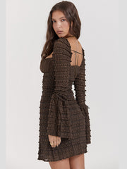 Elegant Multilayer Lace Backless Mini Dress Women Brown Square Collar Long Flare Sleeve Club Party Sexy Dress Autumn