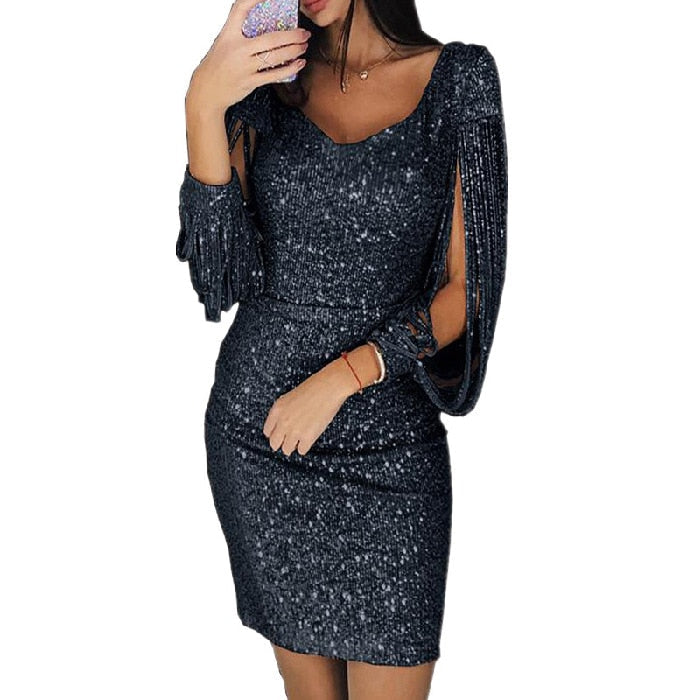 Sequined Stitching Shining Club Bodycon Long Sleeved Mini Dress