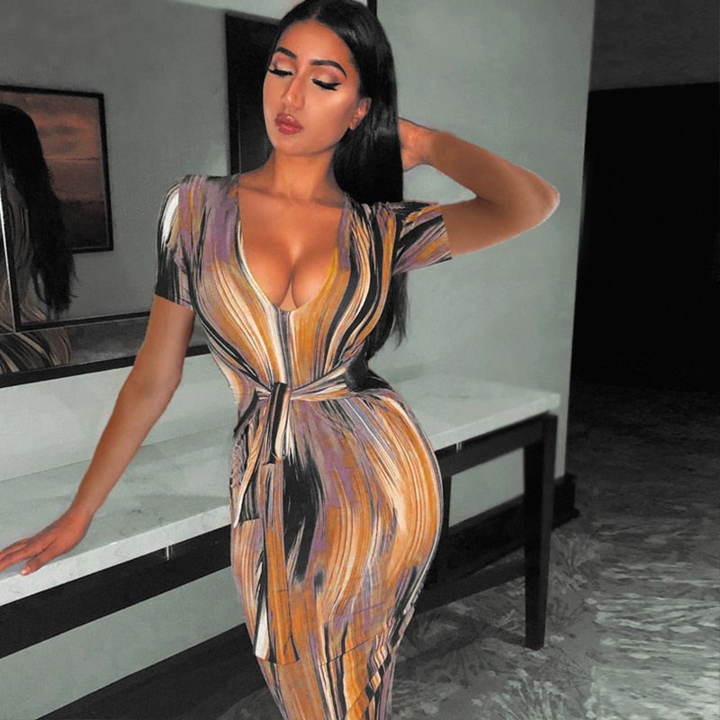 Hoobd Sexy Bandage Dress Waist Illusion Dress 2023 Women V-neck Maxi Dresses Ladies Tie-dye Wave Print Party Dresses Tight Dresses