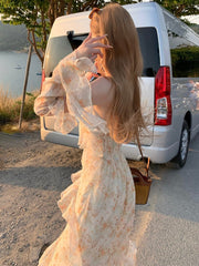 2023 Spring Elegant Floral Midi Dress Women Casual Outwear Beach Y2k Dress French Vintage One Piece Dress Korean Fashion Summer