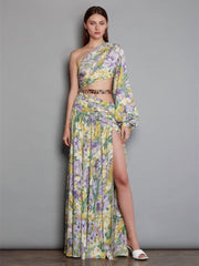 Sexy Slanted One Shoulder Slim Chain Floral Maxi Dress