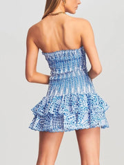 Hoobd off shoulder dress for women strapless smocked bodice embroidered mini summer dress new cotton summer dress party