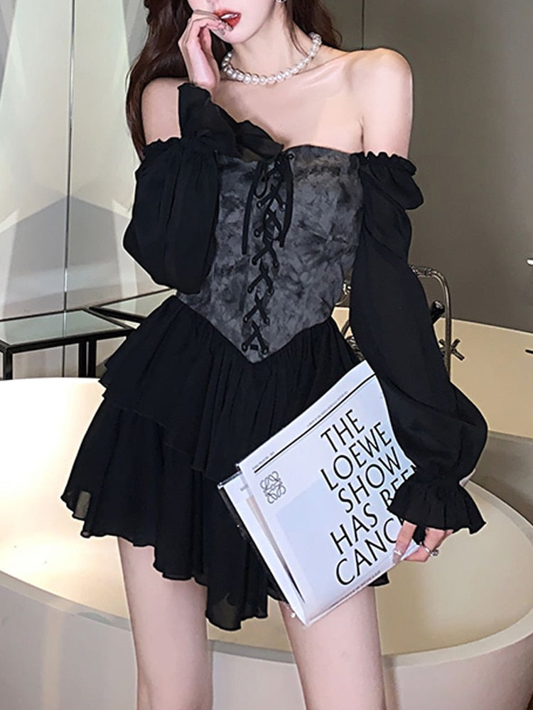 Hoobd Early Autumn Dress Retro Gothic Women White Black Bandage Mini Dress Sexy Off Shoulder Puff Sleeve Korean Vestidos