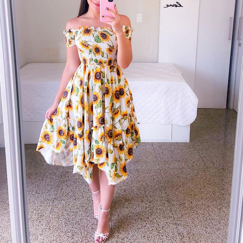 Hoobd Sexy Off The Shoulder Tube Top Dress Butterfly Rainbow Floral Print Dress Ladies Elegant Slim Summer Bohemian Party Maxi Dresses