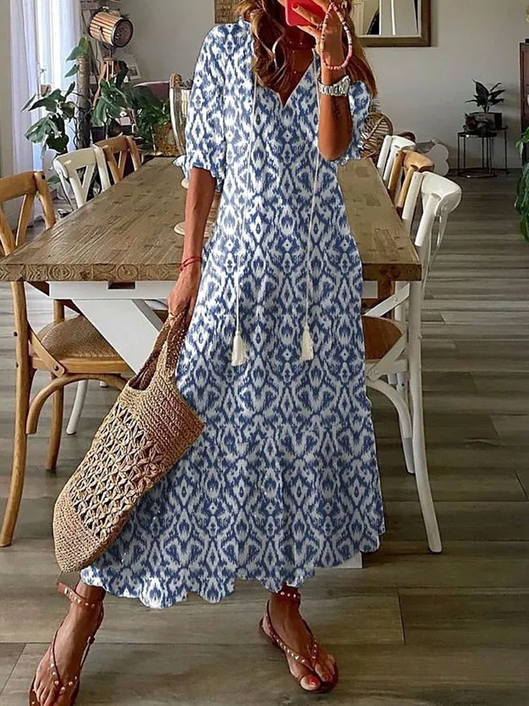 Hoobd Summer Fashion Floral Print Holiday Long Dress Casual Loose Drawstring Half Sleeve Dress Women V Neck Chic Ruffled Boho Dresses
