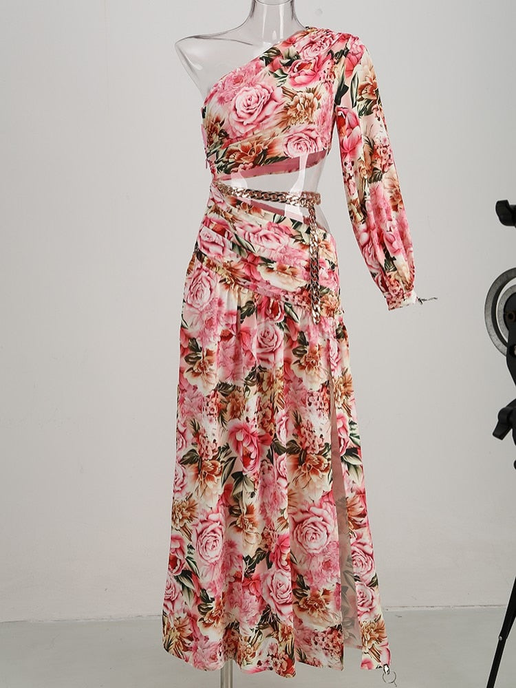 Sexy Slanted One Shoulder Slim Chain Floral Maxi Dress