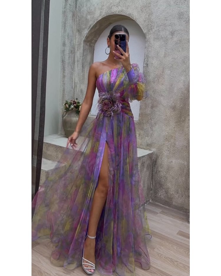 Elegant Tie-dye Print Dress Women  Fashion Oblique Shoulder Pleated Long Dresses 2023 Summer Autumn Lady Party Evening Vestidos