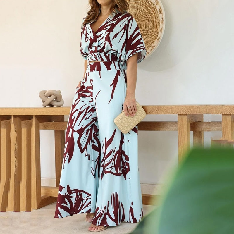 Women Two Piece Set Summer Fashion Print Short Sleeve V Neck Top Wide Legs Loose With Pockets Pantes Sets Streetwear