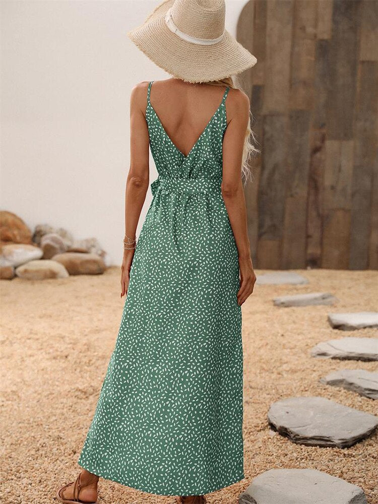 Hoobd Summer Floral Print Long Dress Women Sexy Backless Bandage Slit Beach Sundresses Casual Elegant Black V Neck Sleeveless Dress