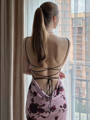 Lace Up Backless Maxi Dress Sexy Mesh Floral Printing Bodycon Holiday Dress Elegant Spaghetti Strap Dress Summer 2023