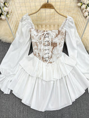 Hoobd Early Autumn Dress Retro Gothic Women White Black Bandage Mini Dress Sexy Off Shoulder Puff Sleeve Korean Vestidos