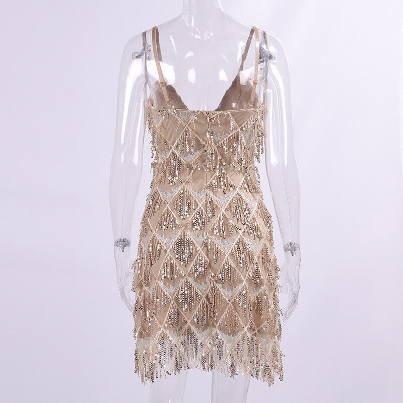 Hoobd2023 Elegant Luxury Women's Sequin Tassel Evening Dresses Sexy V-neck Spaghetti Strap Backless Short Birthday Party Slip Dress