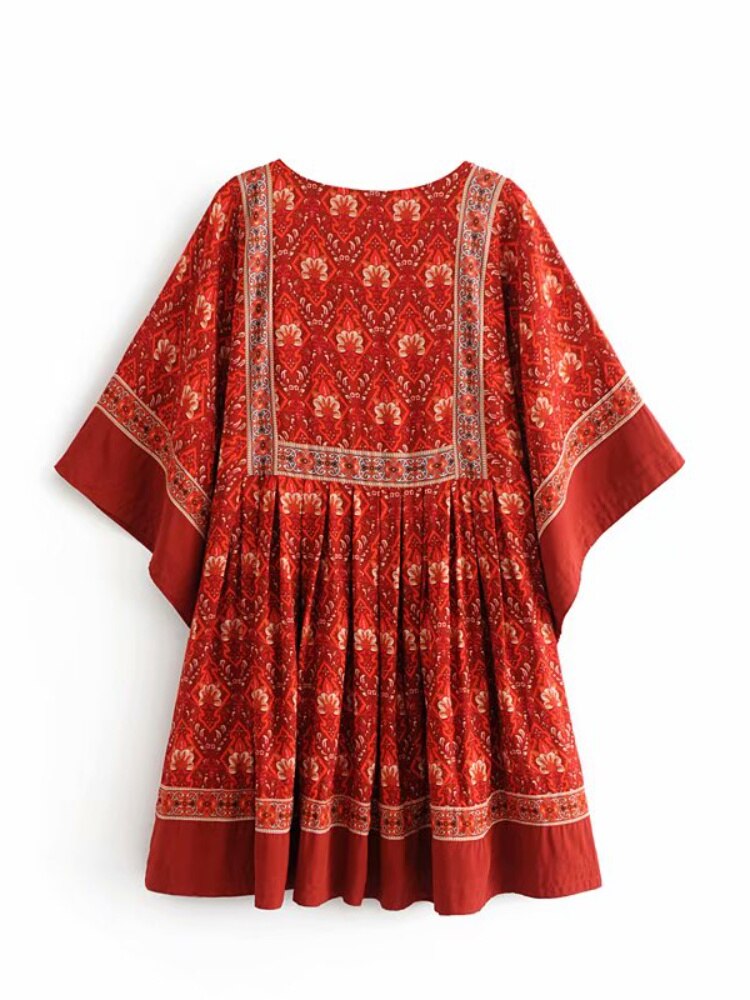 Hoobd Vintage Chic Fashion Women Red Floral Print O-neck Loose Bohemian Mini Dresses Ladies Batwing Sleeve Cotton Beach Boho Dress