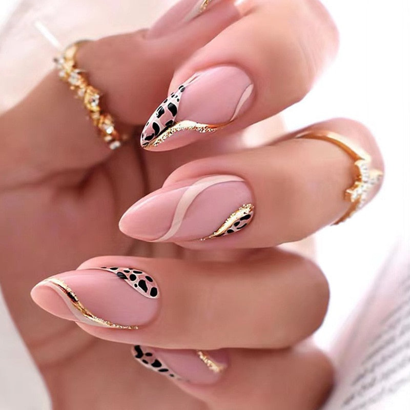 24Pcs Oval Head False Nails Shiny Golden Almond Artificial Fake Nails With Glue Full Cover Nail Tips Press On Nails DIY Manicure