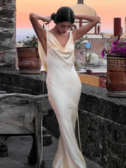 Hoobd Spaghetti Strap Sexy Backless Satin Slip Maxi Dress For Women Fashion Outfits Sleeveless Gown Long Dresses Clothes