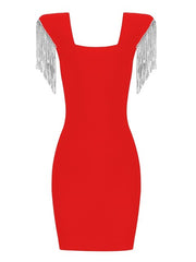 Hoobd New Ladies Summer Fashion Ladies Sexy Tassel Diamond Crystal Black Bodycon Bandage Dress Elegant Evening Party Dress