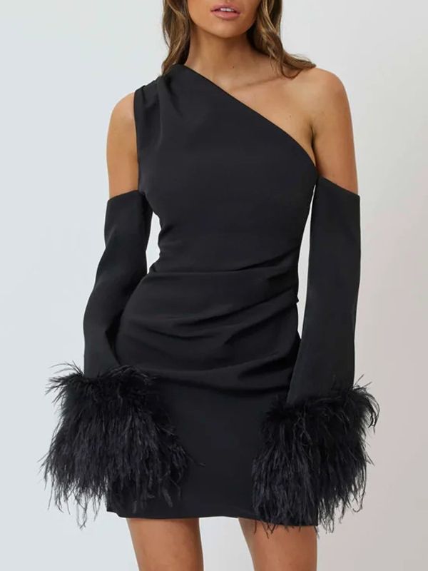 Hoobd One Shoulder Long Sleeve Mini Dress With Feathers Black Autumn Party Evening Club Furry Bodycon Sexy Dresses Women